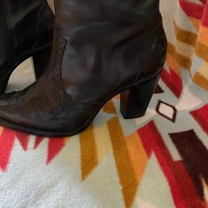 ANTONIO MELANI Dark Brown Leather Western-Inspired Block Heel Ankle Boots